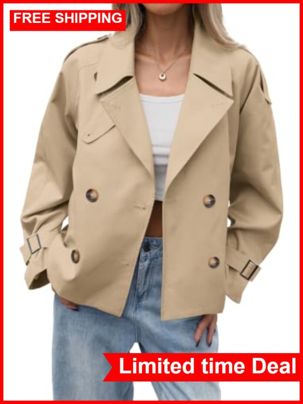 Womens Cropped Trench Coat Double Breasted Relaxed Fit Fall Jacket